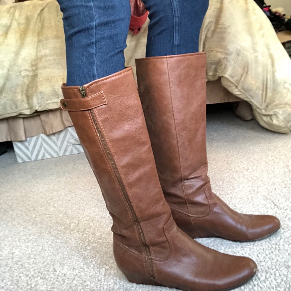 Hidden wedge cognac knee high boots